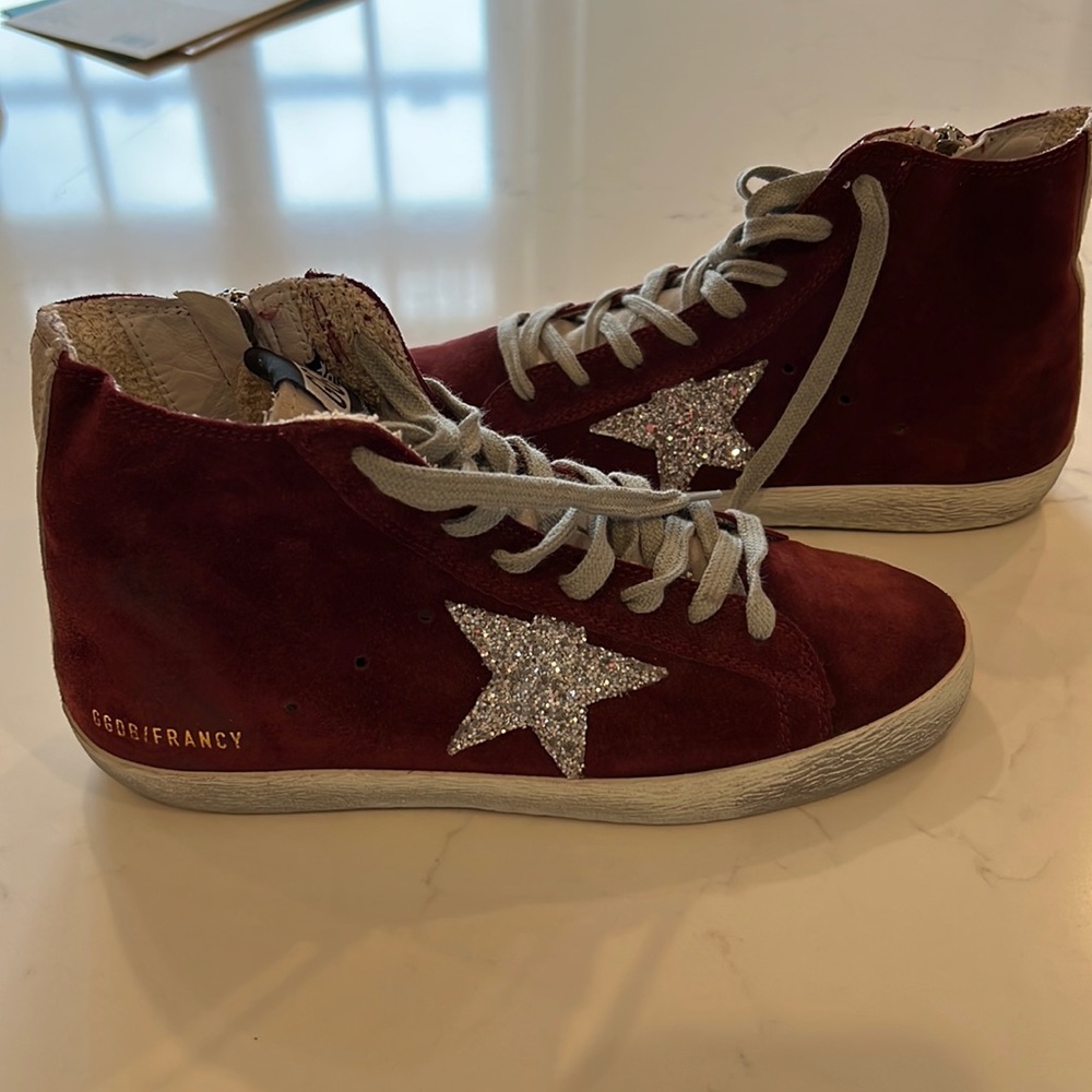 Golden Goose Red Suede High-Top Sneakers with Silver Glitter Star